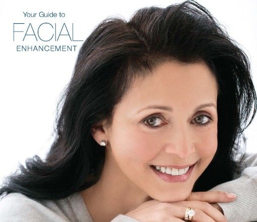 Woman smiling, promoting facial enhancement guide.